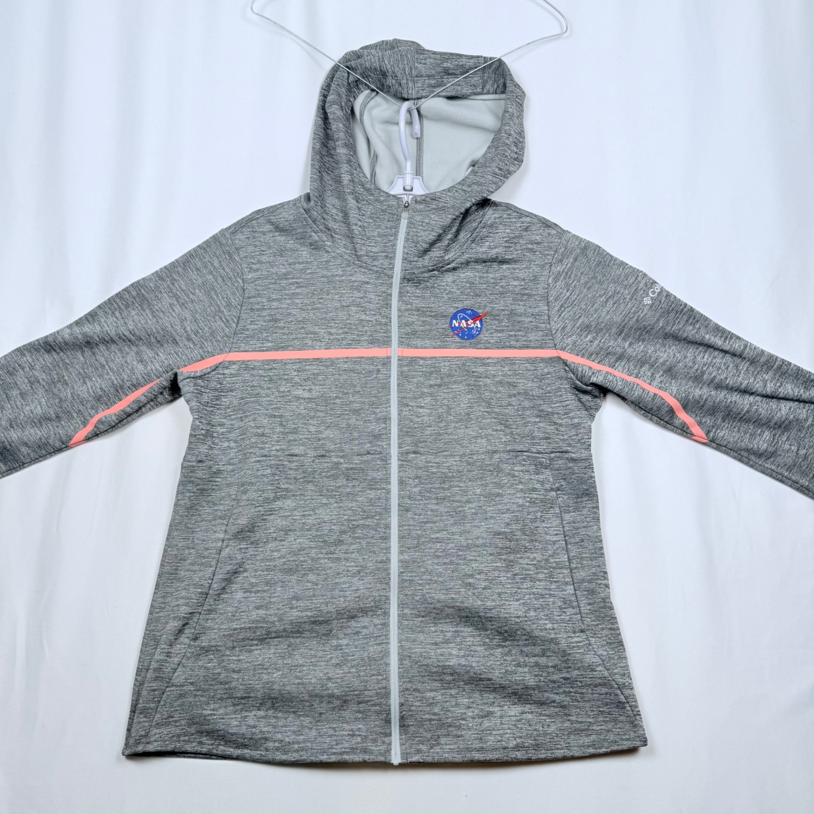 Columbia Golf Nasa Patch Full Zip Hooded Jacket Women's Xl Gray Pink Stripe